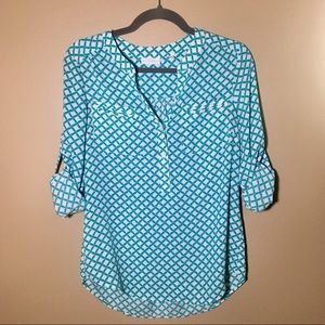 New York & Co Teal & White Popover Blouse